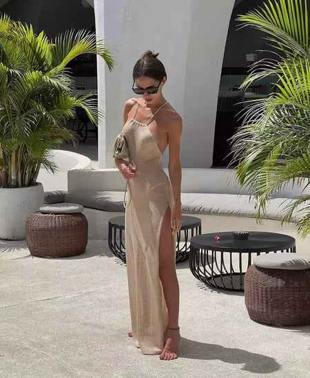 Tecido ver através do vestido maxi, Elegante Halter Beachdress, Sexy Slit Bodycon, Vestido de verão, Beachdress, Ver através, 2022