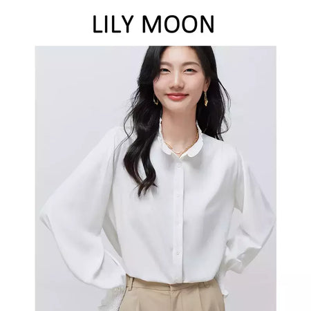 LILYMOON-Camisa de manga comprida feminina, colarinho francês, orelha de madeira, camisa casual coreana, Tops Y2K, pulôver elegante solto, batida na rua
