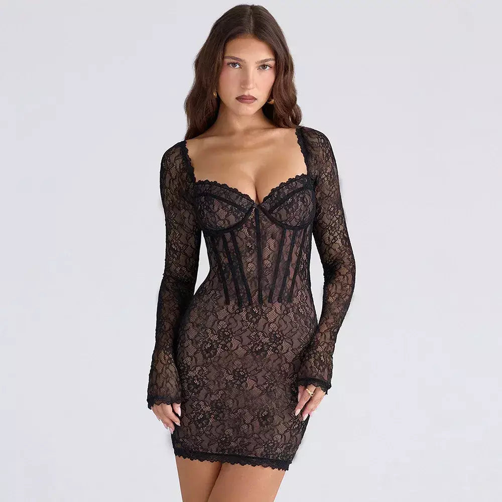 Vestidos 2025 mulher sexy com decote em v rendas vestidos apertados sem costas noite mini vestido banquete de manga comprida pacote hip cor sólida magro