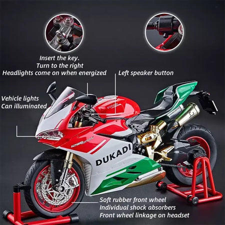 Chave começo 1:9 1199 panigale liga esportes modelo de motocicleta diecast pista corrida modelo de motocicleta com spray som luz crianças brinquedos