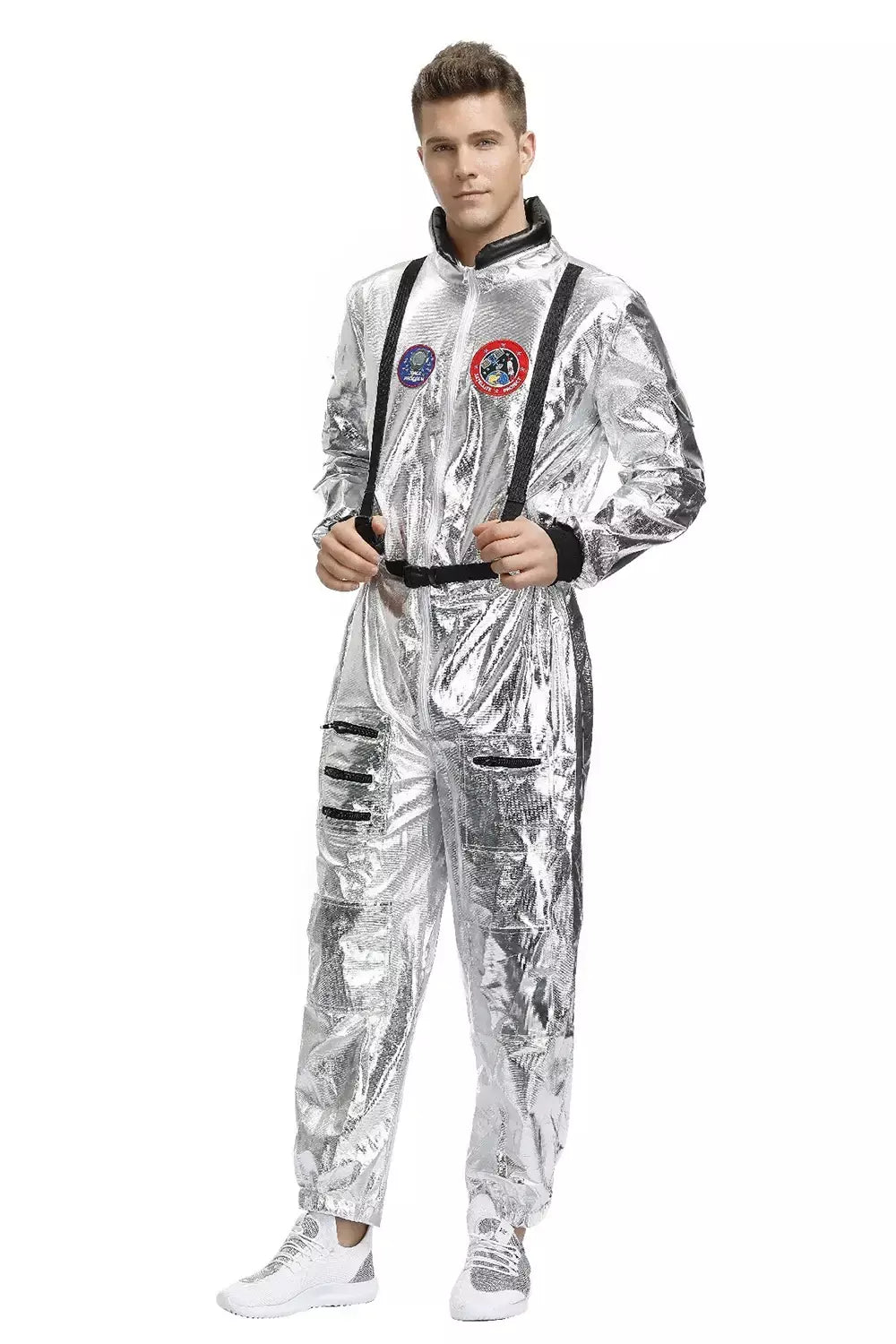Adulto prata astronauta traje das mulheres dos homens spaceman terno espaço macacão halloween cosplay festa vestir-se