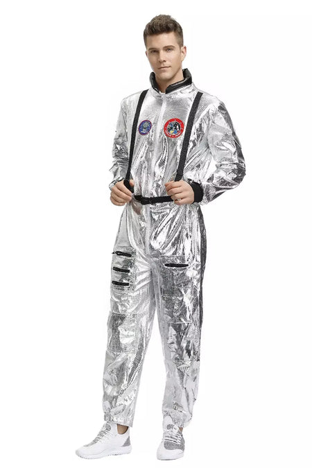 Adulto prata astronauta traje das mulheres dos homens spaceman terno espaço macacão halloween cosplay festa vestir-se