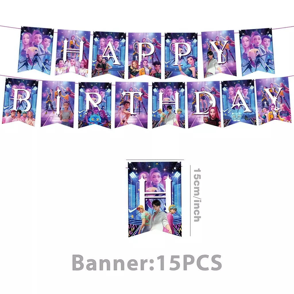 Conjunto de talheres para decoração de festa de aniversário, caçadores de demônios, copo, prato, guardanapo, banner, balão, meninas, coreano, kpop, anime, suprimentos de festa, decoração