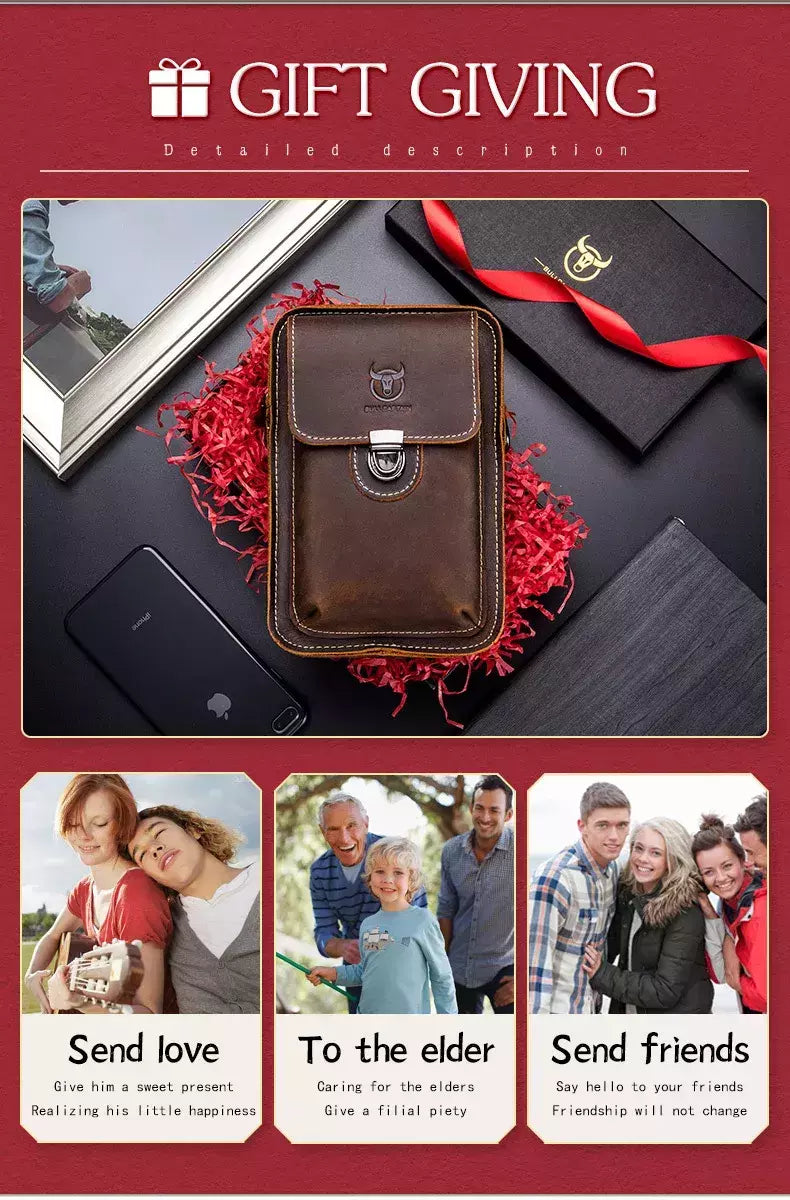 BULLCAPTAIN-Pacotes de Cintura de Couro Genuíno para Homens, Cinto Casual, Bolsa de Telefone Móvel 100% Couro Pequena Bolsa de Ombro