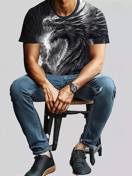 Camiseta de manga curta com estampa Dragão 3D masculina, camiseta casual diária de rua, esportes ao ar livre, moda urbana, verão