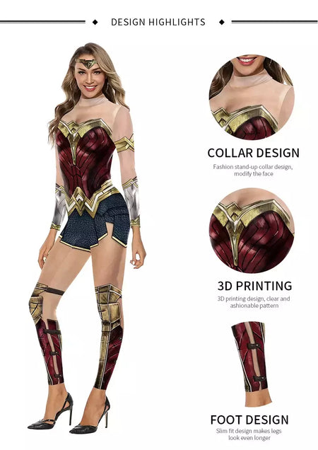 Miniso cosplay filme mulher maravilha traje festa de halloween impressão sexy macacão desempenho palco zentai bodysuit roupas femininas