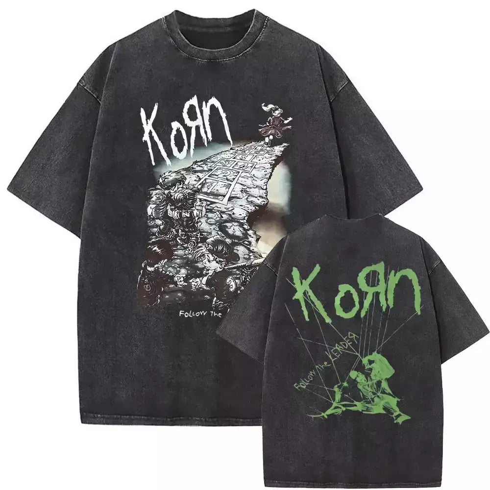 Camisetas com estampa de esqueleto masculinas, banda de rock vintage lavada, Korn caindo longe de mim, camiseta gótica, camiseta masculina extragrande, moda