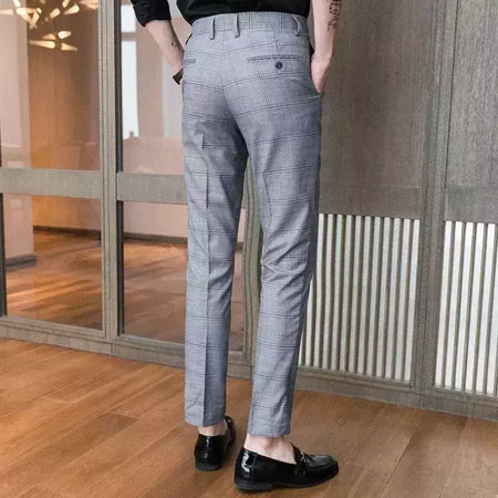 Xadrez masculino anti-rugas calças cortadas, roupas de grife casual, terno masculino reto, verão, fino, barato, designer, cheque, 9