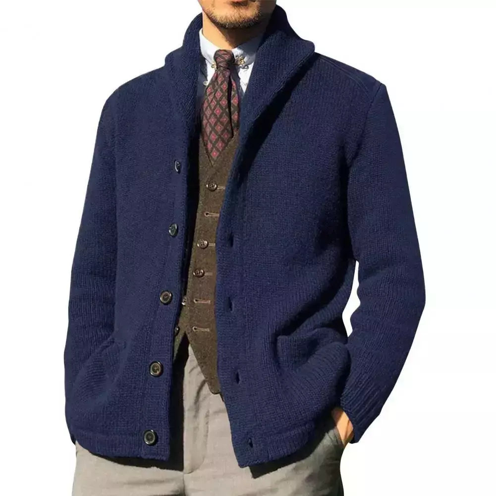 Homens casaco de malha lapela manga comprida bolsos engrossados cardigan camisola masculina outono botões sólidos placket casaco de malha para o trabalho