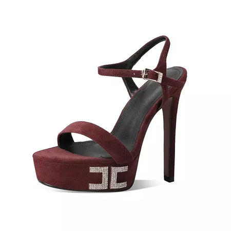 Arden furtado verão rosa ovelha camurça plataforma cristal banquete sapatos dedo do pé redondo super salto alto palavra-cingulate sandálias tamanho grande