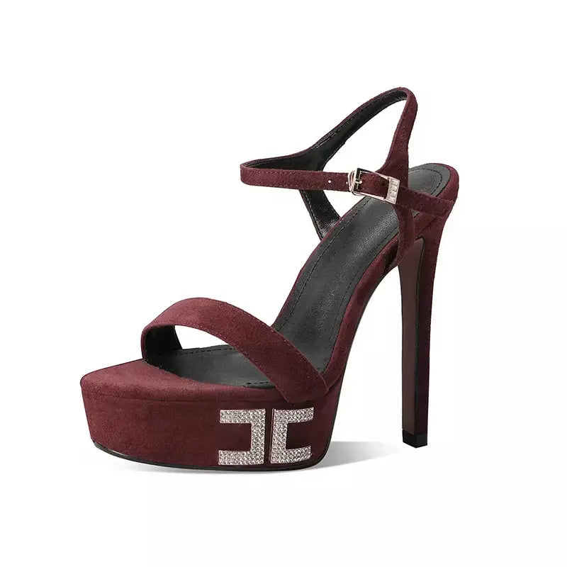Arden furtado verão rosa ovelha camurça plataforma cristal banquete sapatos dedo do pé redondo super salto alto palavra-cingulate sandálias tamanho grande