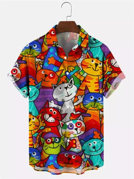 Camisa havaiana dos desenhos animados de anime masculino, Tops de manga curta, roupas casuais masculinas, rua, animais, gatos, retrô, 3D Tees, verão