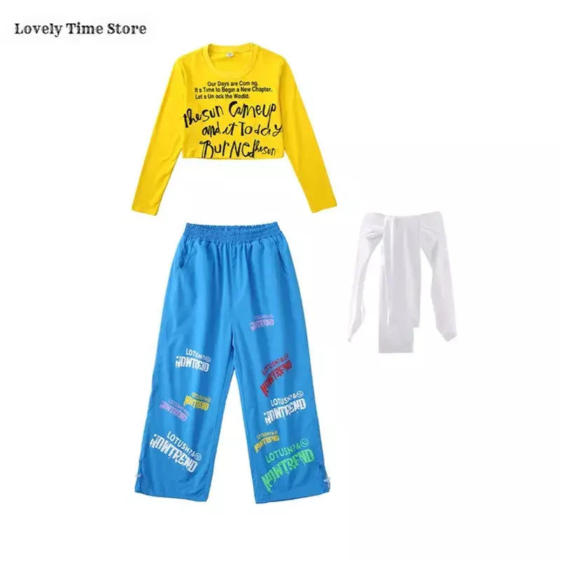 Meninas hip hop letras colheita topo graffiti joggers calças crianças k-pop roupas de dança de rua conjunto crianças menina grupo streetwear traje