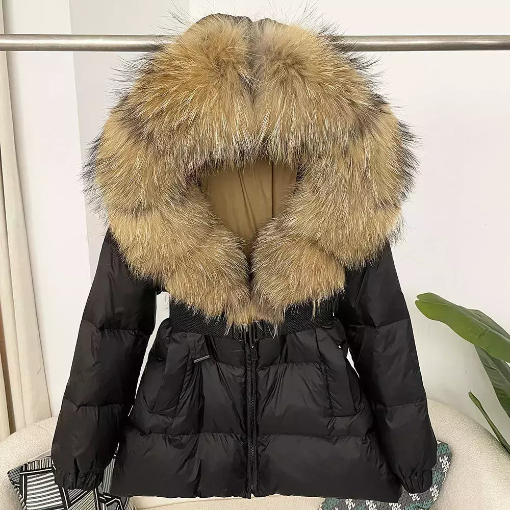 Oftbuy 2024 jaqueta de inverno feminina gola de pele de raposa natural real com capuz grosso quente 90% pato branco para baixo casaco feminino streetwear casual