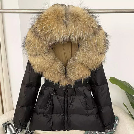 Oftbuy 2024 jaqueta de inverno feminina gola de pele de raposa natural real com capuz grosso quente 90% pato branco para baixo casaco feminino streetwear casual