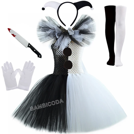 O traje de palhaço terrível arte menina preto branco fantasia tutu vestido horror coringa vestido para meninas trajes de festa de carnaval de halloween
