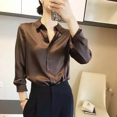 Camisas e blusas femininas com acabamento acetinado, blusa casual, manga comprida, botão, camisas elegantes, roupa francesa, monocromáticas, todos os fósforos, OL