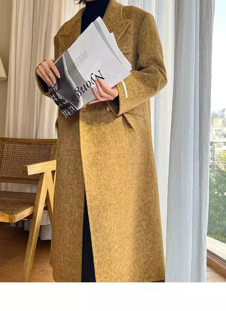 Casaco de alpaca de lã feminino, jaquetas de lã, trespassado duplo, gola de terno, solto, Casacos longos, senhora do escritório, outono, inverno, 2022