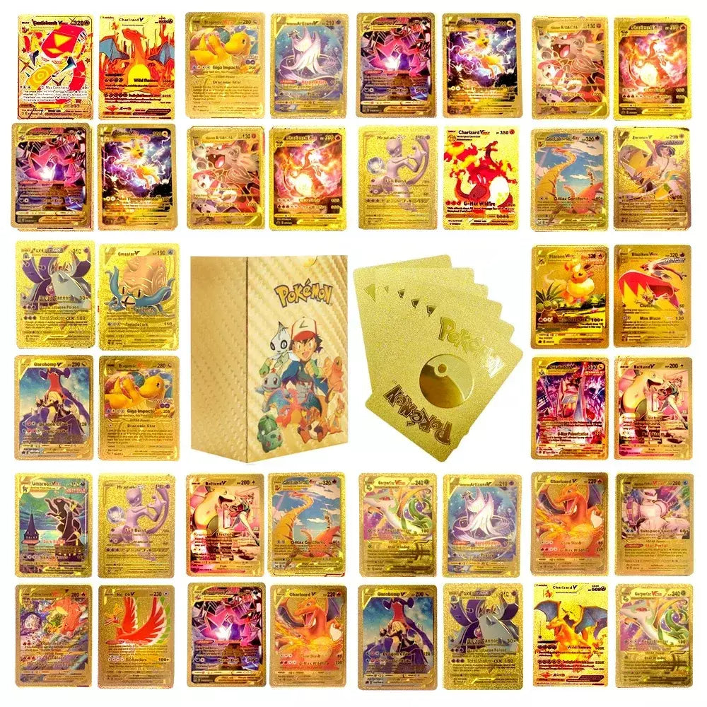 Cartão de folha de ouro colorido pokemon charizard pikachu arceus prata preto arco-íris inglês francês alemão espanhol vstar gx vmax cartões