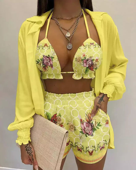 Fato de banho feminino de três peças, moda praia sexy, biquíni de cintura alta, maiô estampado, shorts para cobrir, moda praia de verão, novo 2024