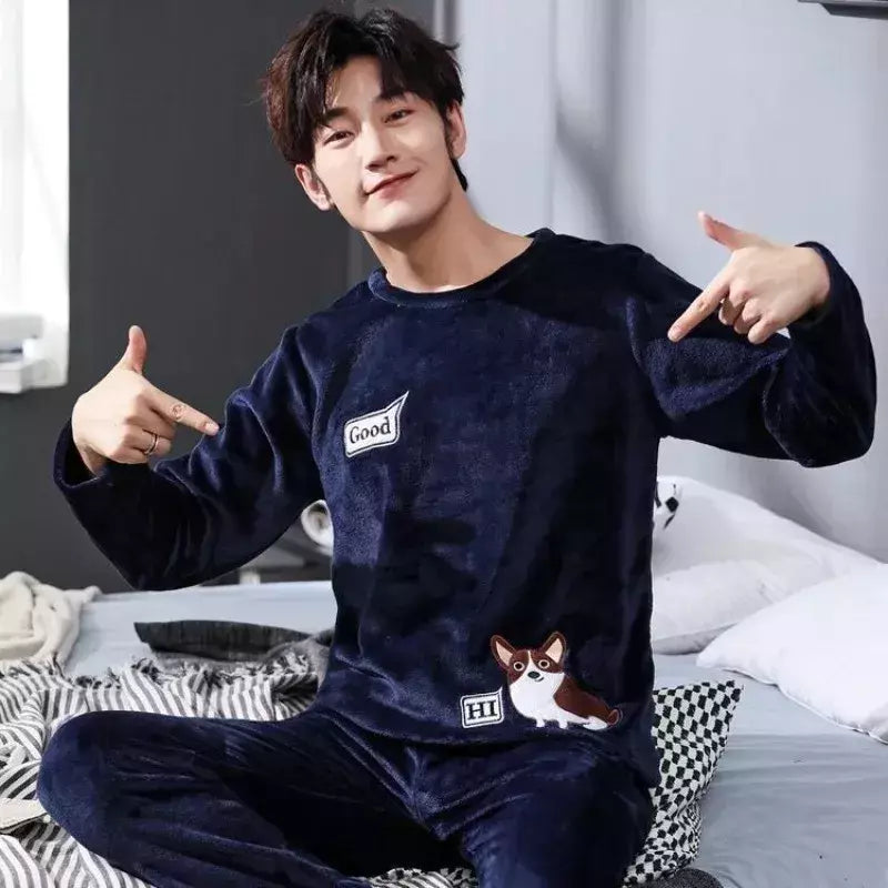 Pijama de lã coral masculino de 2 peças, gola redonda, manga comprida, conjuntos lounge, terno doméstico, impressão de moda, outono, inverno, homem, novo