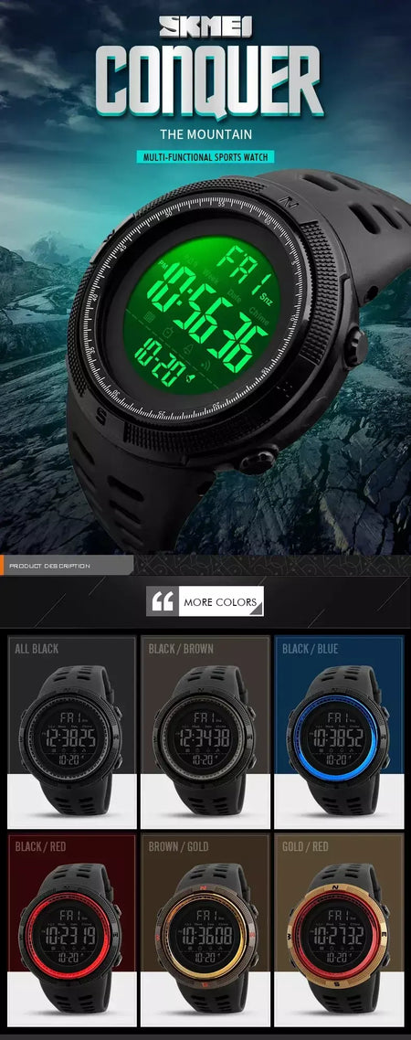 Skmei 1251 relógio digital à prova d'água para homens, relógio de pulso eletrônico esportivo com contagem regressiva, relógio militar led 1560 reloj hombre