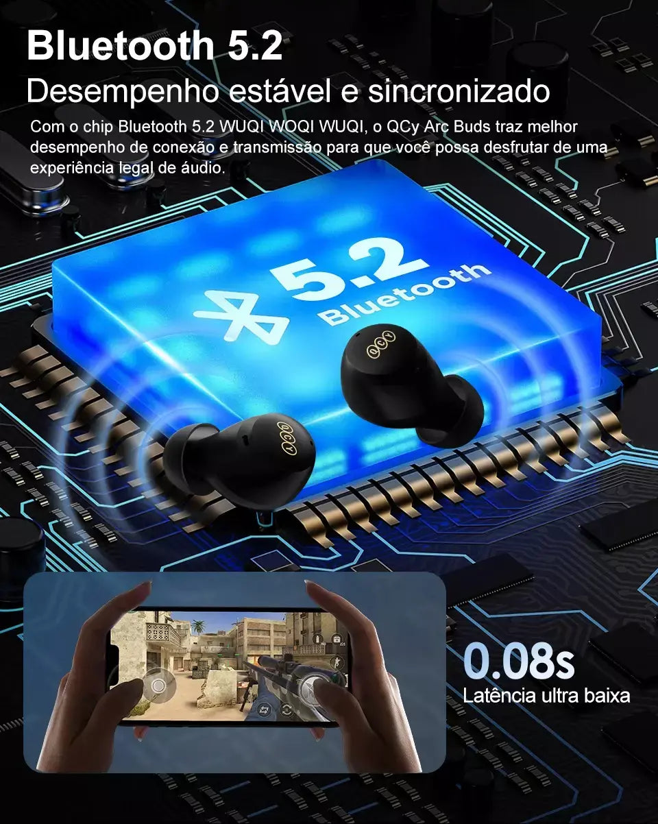 QCY-HT07 ANC Fones De Ouvido Sem Fio, Auscultadores HiFi, Cancelamento de Ruído, Earbuds TWS, 6 Microfone, Chamada AI HD, Reprodução 32H, 40dB, Bluetooth 5.2