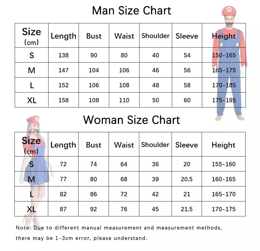 Jogo marios super luigi irmãos uniforme conjunto cosplay trajes engraçado anime adulto homem macacão mulher vestido traje de halloween