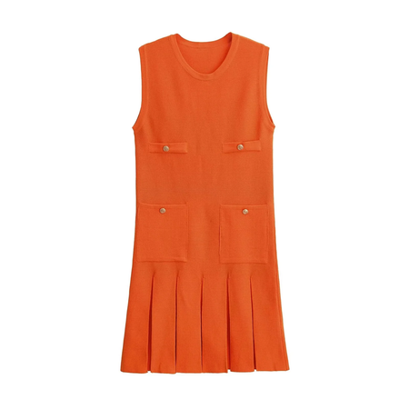Mini vestido de bolso feminino sem mangas com o pescoço, malha, elegante vestido de botão, fino Lady Fashion, verão, fêmea, 2024