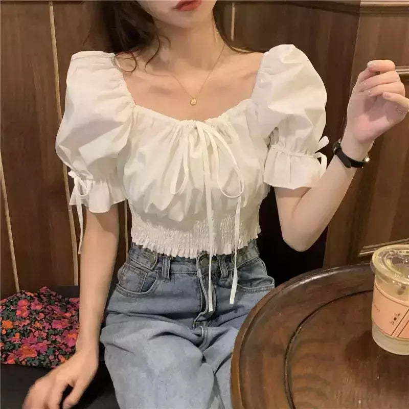 ZHUANQING-Top feminino sexy, monocromático, design de bandagem retrô, moda popular, estilo coreano, elegante feminino na faculdade, verão, novo