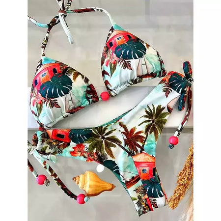 OIINAA-maiô sexy para mulheres, moda praia estampa halter, conjunto de biquíni com renda, maiô verão, moda praia sexy com cordão, 2 peças