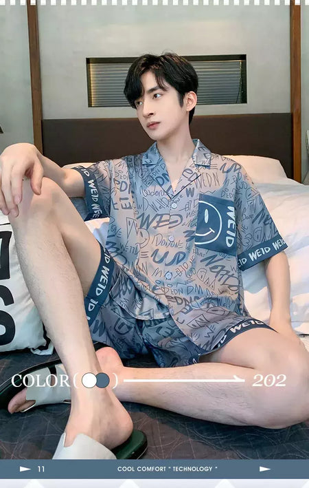Pijama de seda gelo de duas peças masculino, shorts de manga curta, seção fina, estudante, terno homewear adolescente, verão, novo