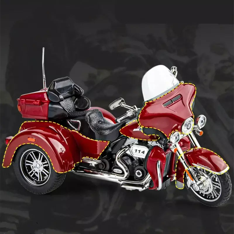 CVO-Tri Glide Alloy Motorcycle Model for Kids, Três Rodas, Cruzeiro, Viagem, Diecast, Lazer na Rua, Luz Sonora, Presente, 1:9