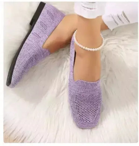 Cor sólida dedo do pé quadrado malha mocassins rasos mulheres apartamentos sapatos de fundo macio malha ballet apartamentos sapatos casuais deslizamento em sapatos de barco