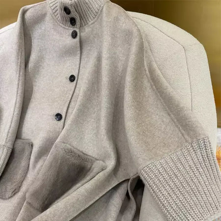 Gola de pele emendada longa pele de lã casaco feminino moda casual manga comprida lapela solta quente curto jaqueta senhora diariamente streetwear