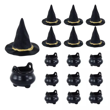 10 pçs halloween bruxa chapéu decorações chapéus em miniatura caldeirão potes chaleira ornamento festa de halloween decoração para casa diy artesanato