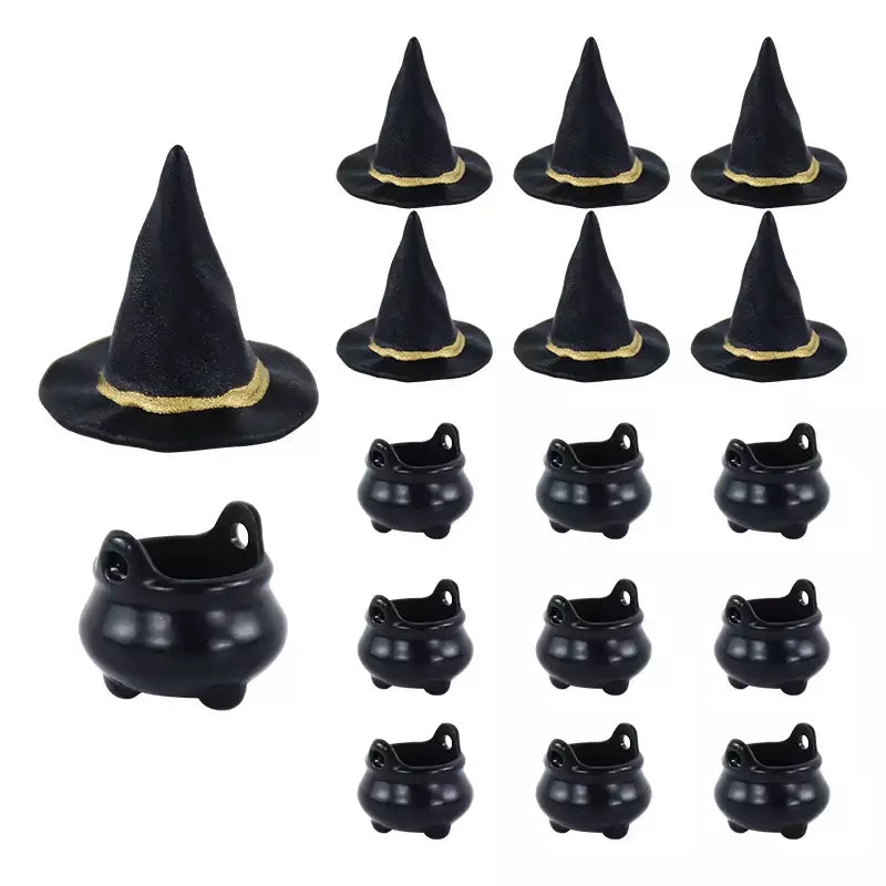 10 pçs halloween bruxa chapéu decorações chapéus em miniatura caldeirão potes chaleira ornamento festa de halloween decoração para casa diy artesanato