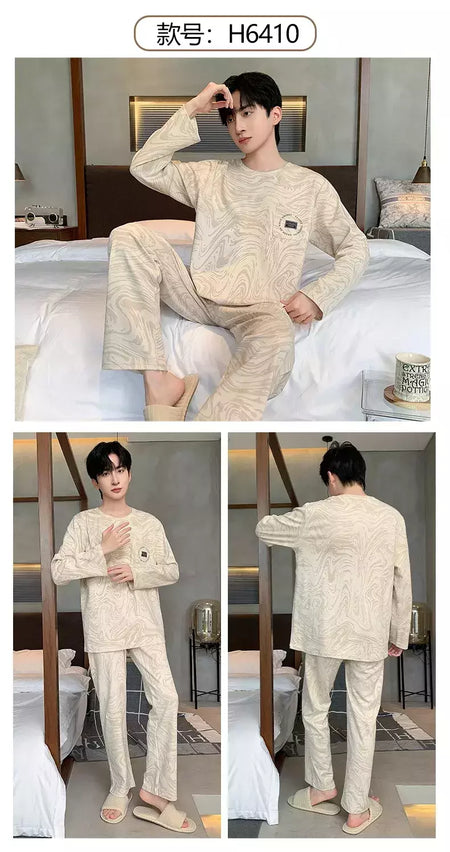 Pijama de algodão de duas peças masculino, calça de manga comprida, traje caseiro, estudante e adolescente, novo outono
