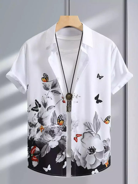 Camisa de lapela masculina de manga curta, estilo havaiano, padrão tropical de coqueiro, tops grandes, férias de verão