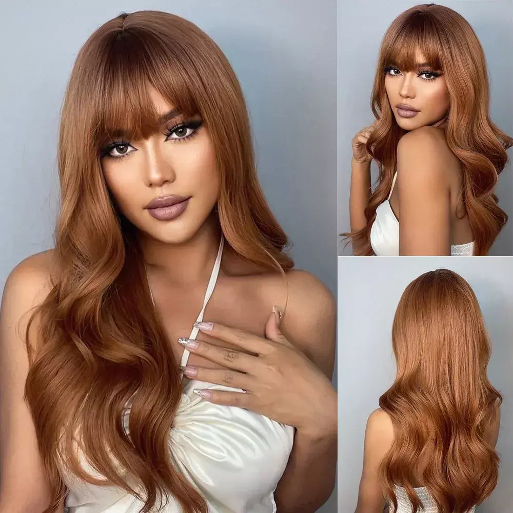 Louis ferre longo ombre loira perucas sintéticas com franja para mulheres onda natural penteado fibra resistente ao calor cosplay perucas marrons