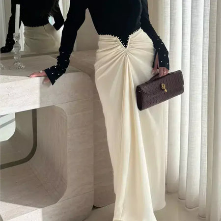 Temperamento vestido vestidos 2025 mulher vestido banquete contraste pérola retalhos pacote hip manga longa magro uma linha pescoço elegante