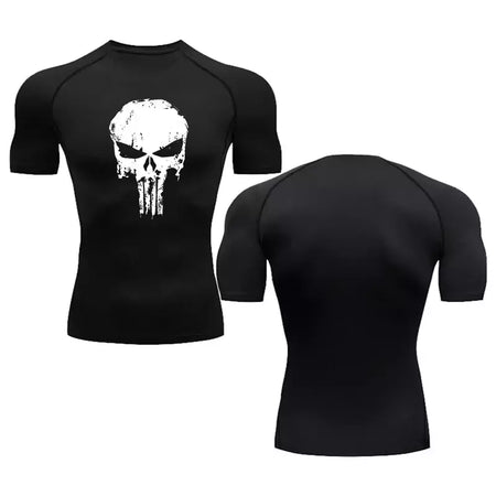 Camiseta masculina de compressão manga curta, blusa de mma, camiseta de caveira, blusa respirável para musculação, preta, verão
