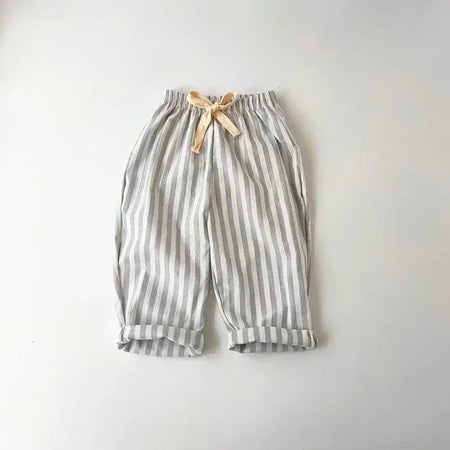 Primavera verão meninos listrado calças soltas bebê menina vintage casual linho algodão harlan calças crianças rendas-up calça crianças roupas