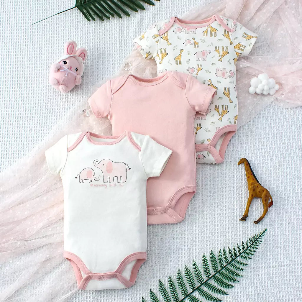 ? 3 pçs verão bebê meninas três peças bodysuit animal reino e elefante carta padrão manga curta bodysuit dia das mães gif