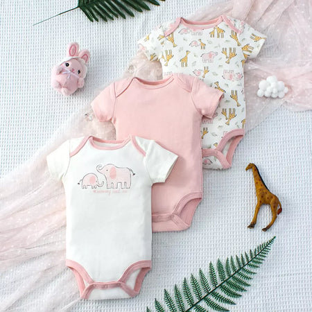 ? 3 pçs verão bebê meninas três peças bodysuit animal reino e elefante carta padrão manga curta bodysuit dia das mães gif