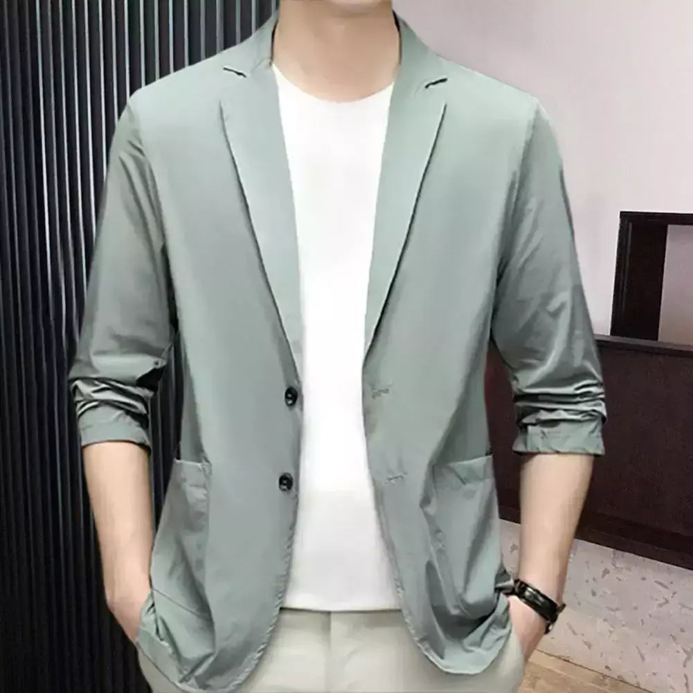 Blazers de negócios monocromáticos masculinos, blazers slim fit, botões duplos, lapela, mangas 3/4, terno de deslocamento, casaco do noivo