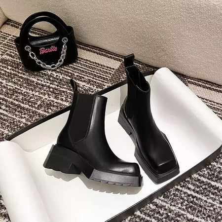 Mulheres de couro genuíno botas nuas novo salto grosso chelsea botas dedo do pé quadrado botas curtas de salto alto designer moda feminina botas