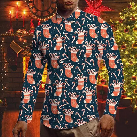 Camisas para homens outono natal férias lapela blusa masculina férias moda roupas masculinas diariamente rua camisas de manga longa botões
