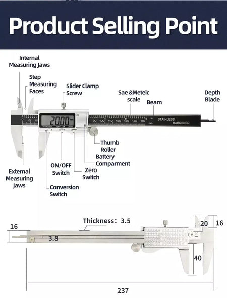 Paquímetro de metal digital pacômetro profissional vernier calibre ferramentas medição carpintaria medidor espessura profundidade régua eletrônica