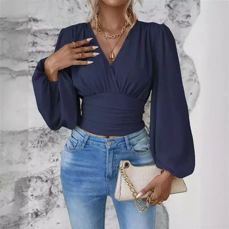 Pulôver feminino com decote V profundo, blusa feminina de manga comprida, tops casuais diários, cintura solta e magro, crossover, primavera, outono